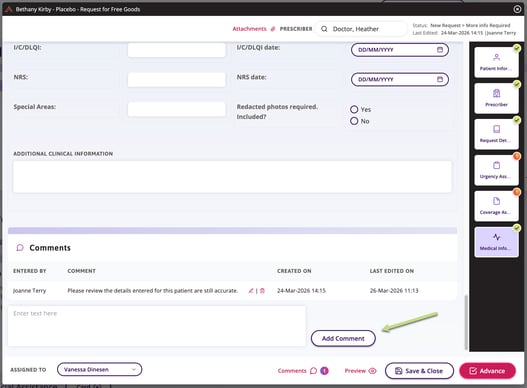The additional form comment box available for entry.