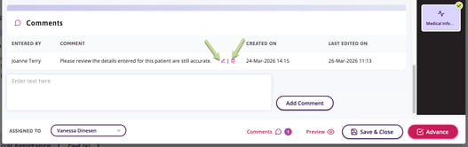 A comment is visible from one user, with a reply from the current user. Next to the current user’s comment is an edit or delete icon.