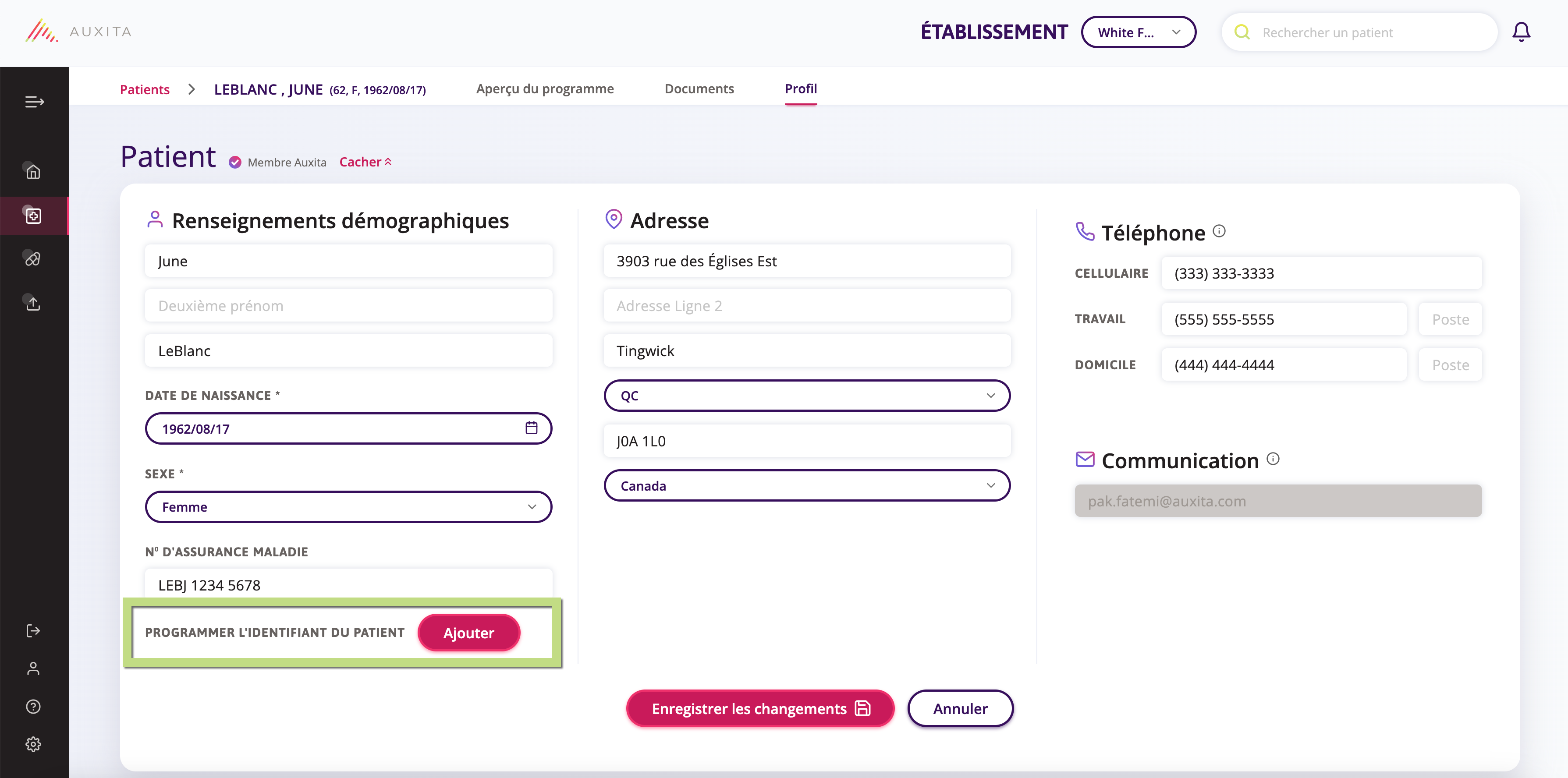Profil du patient avec l'identifiant du patient du programme. 