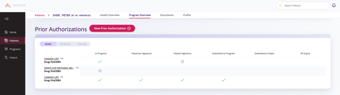Prior Authorization section shown with a green box on how Find the patient in the main Search bar or open their profile from the Patients section.