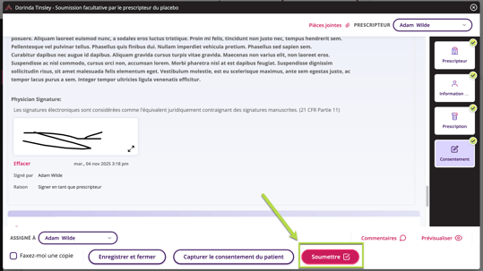 Une inscription en cours qui est prête à être soumise au programme sans signature.