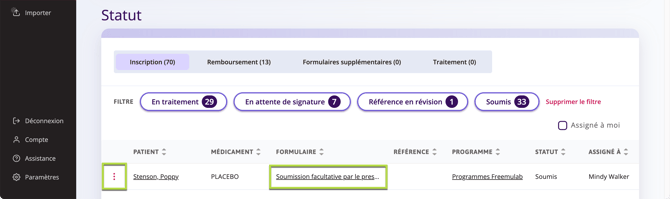 Le tableau d'état dans la section des programmes qui offre la possibilité de cliquer sur les trois points de suspension ou sur le formulaire souligné pour ouvrir la version PDF du formulaire rempli.