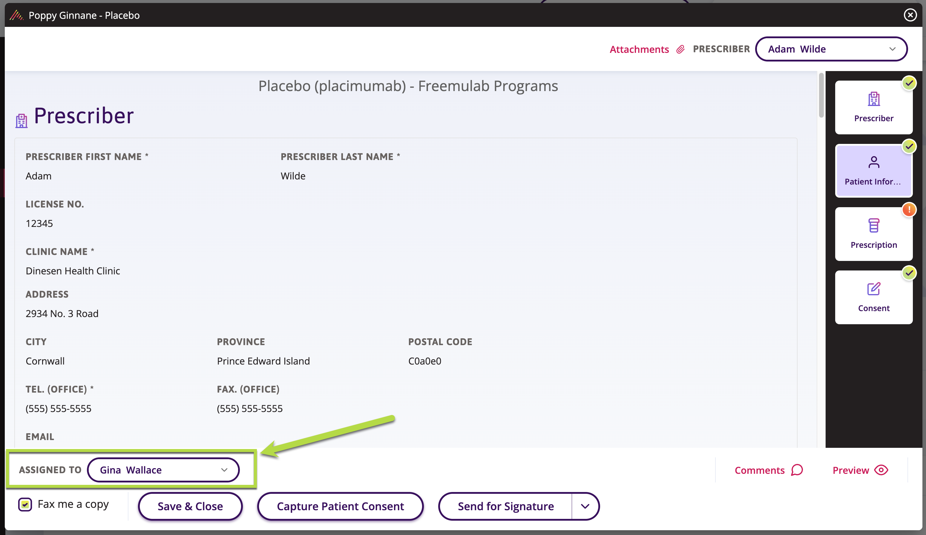 A screen shot indicating where the drop down for the assigned to section is on the form.