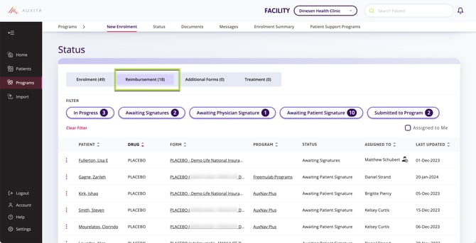 A screenshot showing where the reimbursement status table