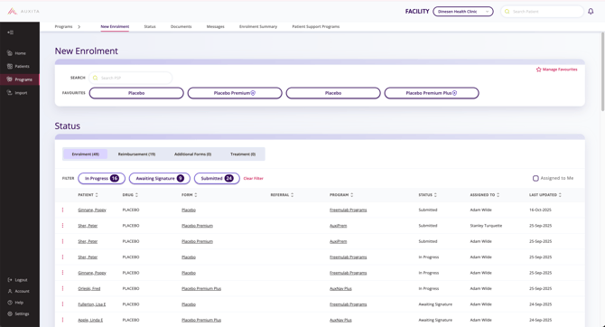 Programs landing page with patient column