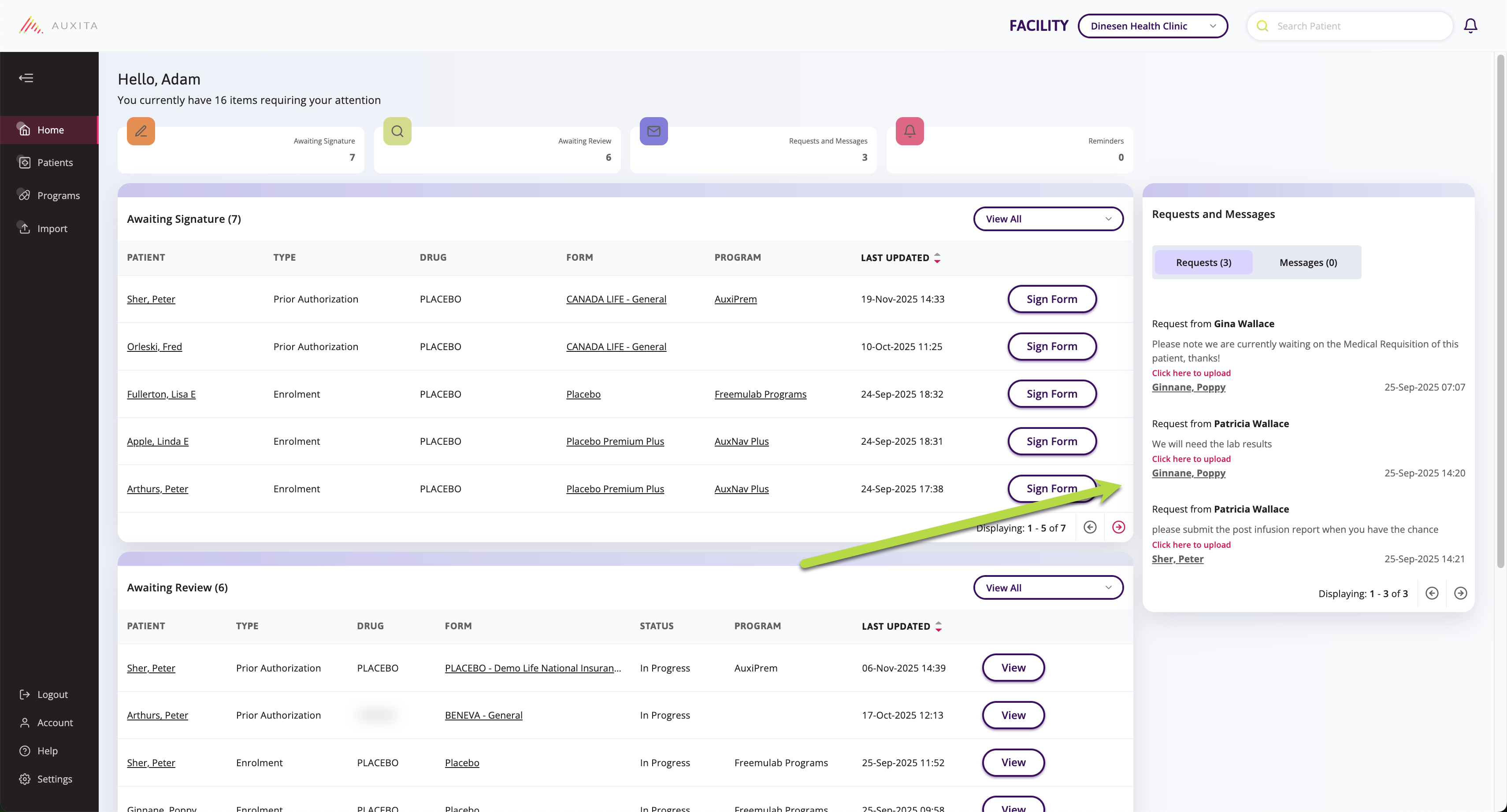 A screenshot of the home page highlighting the Requests and Messages section