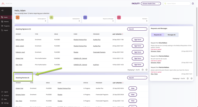 A screenshot showing where to view the "Awaiting signature" and "Awaiting Review" sections