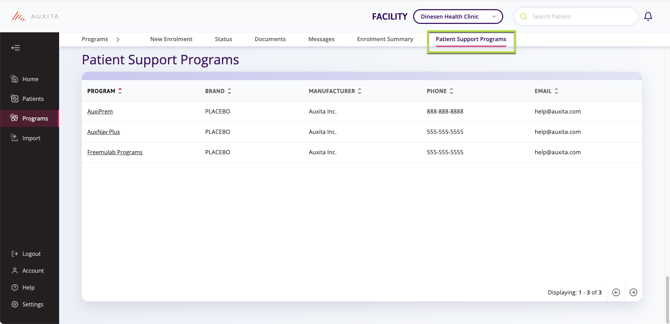 A list of patient support programs with contact details.