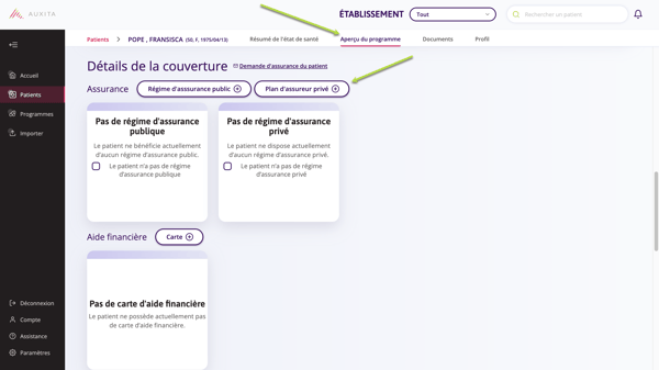 Il met en avant la « Présentation du programme » avec les options de couverture pour les régimes d'assurance publics et privés.