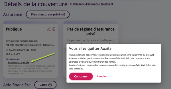Les détails de la couverture des régimes publics permettront aux utilisateurs de cliquer sur un lien souligné pour ouvrir les sites Web publics. Un message d'avertissement informe les utilisateurs d'Auxita qu'ils sont sur le point de quitter Auxita.