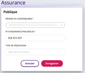 Capture d'écran d'une interface de formulaire d'assurance. Elle comporte des champs pour le payeur du régime, le HCN/ID et le type de prestation, avec les boutons Annuler et Enregistrer en dessous.