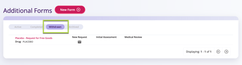 Withdrawn tab of the Patient’s Additional Forms section is displayed here.