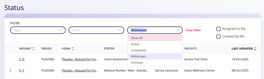 Status table with dropdown filters to choose the state of a form.
