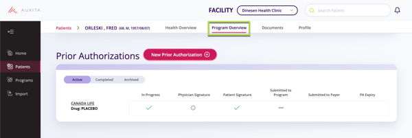 Screenshot displays the Program overview tab from the Patients section where a new prior authorization from can be added.