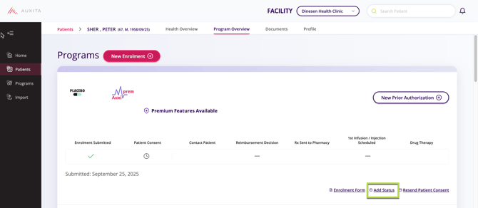 Patient Progress Status Bar with +Add Status available. 