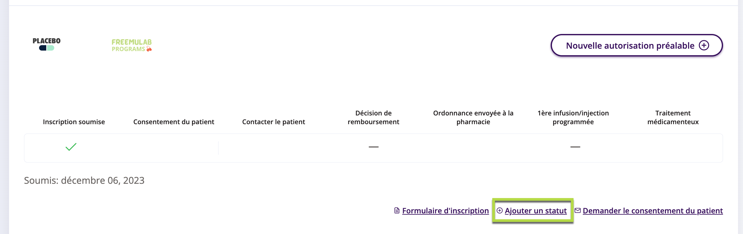 Barre d'état de progression du patient avec +Ajouter un état disponible.