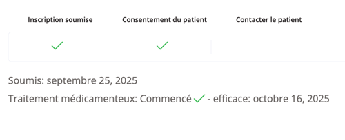 La barre d'état de progression du patient s'affiche ici avec des coches indiquant que l'inscription est soumise et que le traitement médicamenteux a commencé. Elle indique également la date d'entrée en vigueur du traitement médicamenteux.