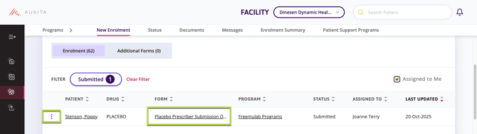 The status table in the programs section which has the option to click the 3 ellipses or the underlined form to open the PDF version of the completed form.