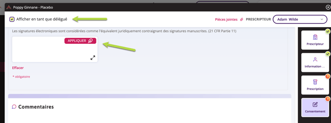 Une flèche pointe vers la case à cocher Afficher en tant que délégué. Ainsi qu'une flèche pointant vers la signature en tant que délégué.