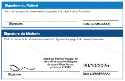Une note indiquant que le délégué a signé au nom du prescripteur est affichée à côté de la signature.