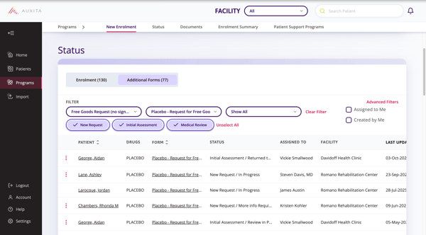 Status table showing patient’s name.&nbsp;