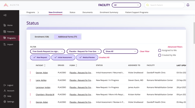 Status table showing patient’s name.