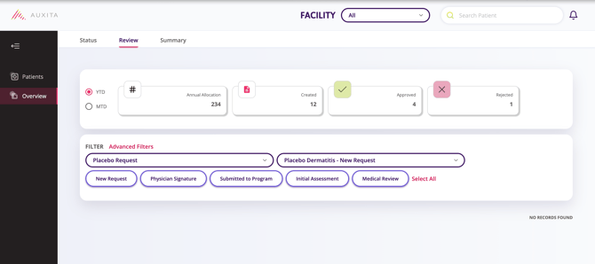 Review tab, showing the filters and form type