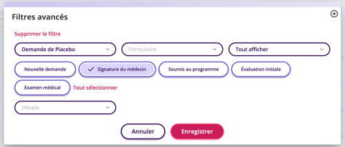 Filtres avancés avec menus déroulants pour filtrer/affiner la recherche.