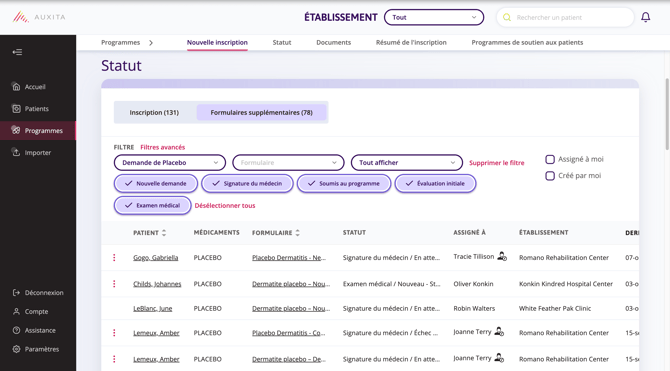 Tableau d'état avec le type de formulaire « Demande de placebo » sélectionné. Des filtres supplémentaires s'affichent en fonction des étapes disponibles pour ce formulaire.