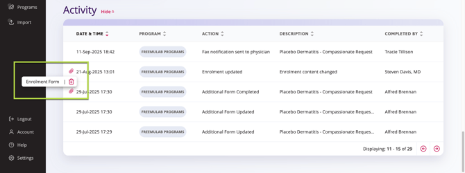 Attachment icon button and selecting Enrolment Form to view, or the trash can to delete.