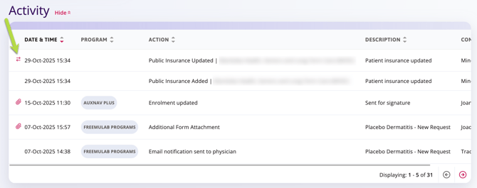 When the insurer information on a patient’s profile is modified, the Activity table displays arrows indicating the edit. Click the arrows to view the specific changes.