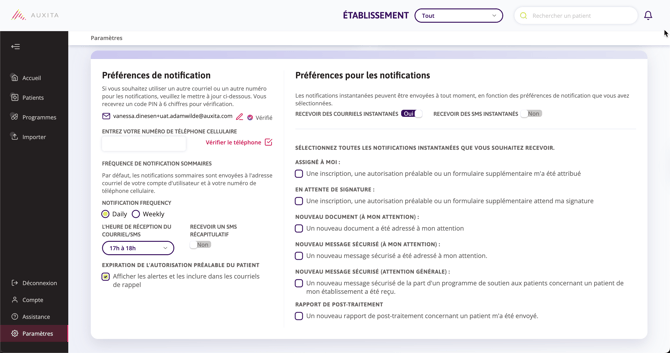 Préférences de notification dans les paramètres Auxitas.