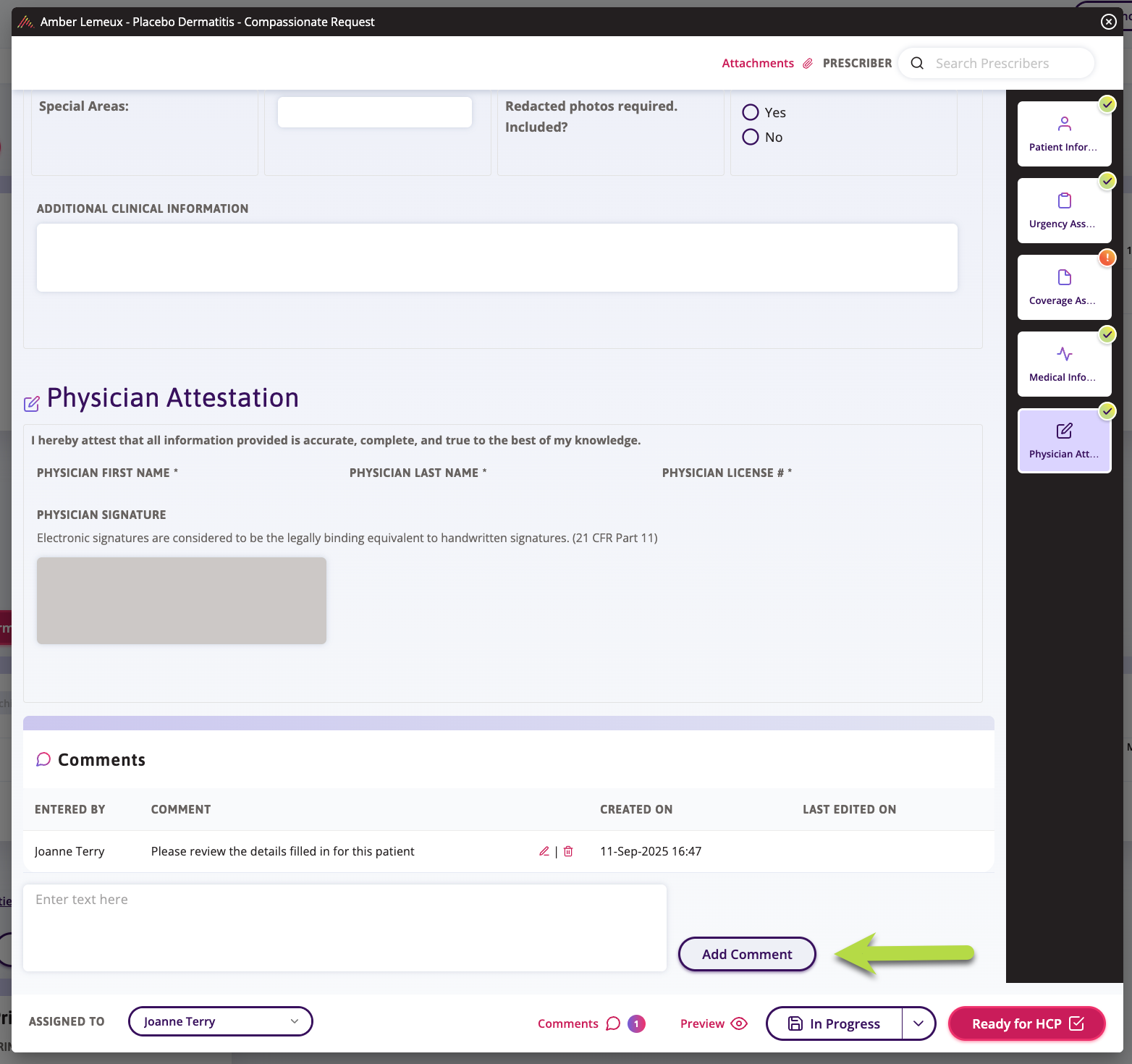The additional form comment box available for entry. 