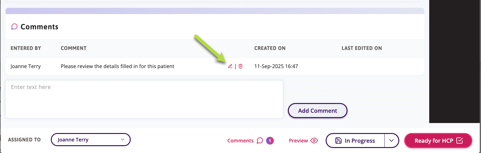 A comment is visible from one user, with a reply from the current user. Next to the current user’s comment is an edit or delete icon. 
