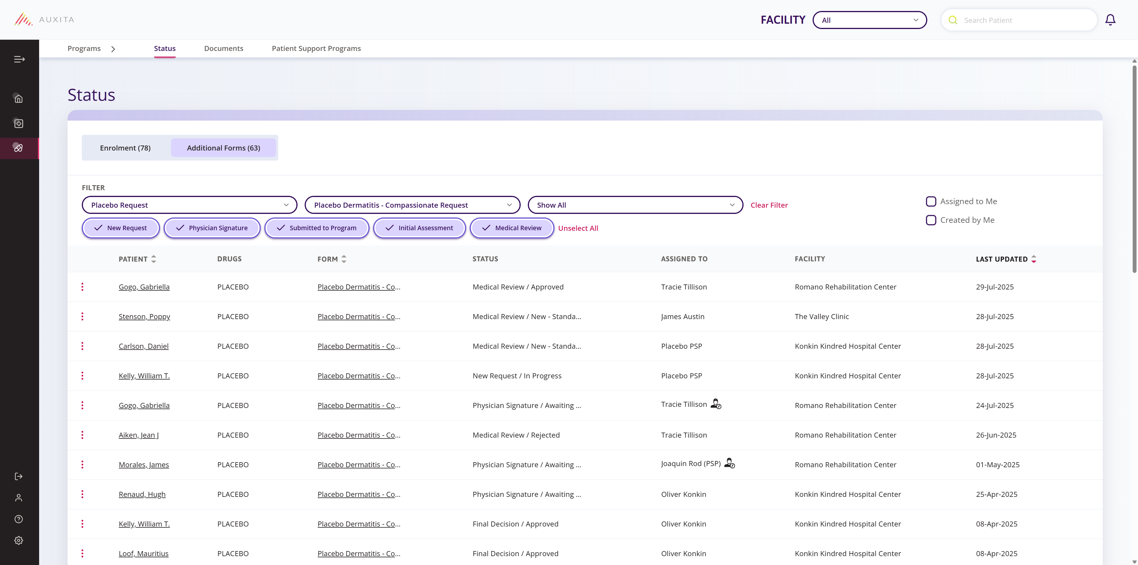 Status table with Form Type Placebo Request chosen, additional filters are shown based on the Stages available for that form