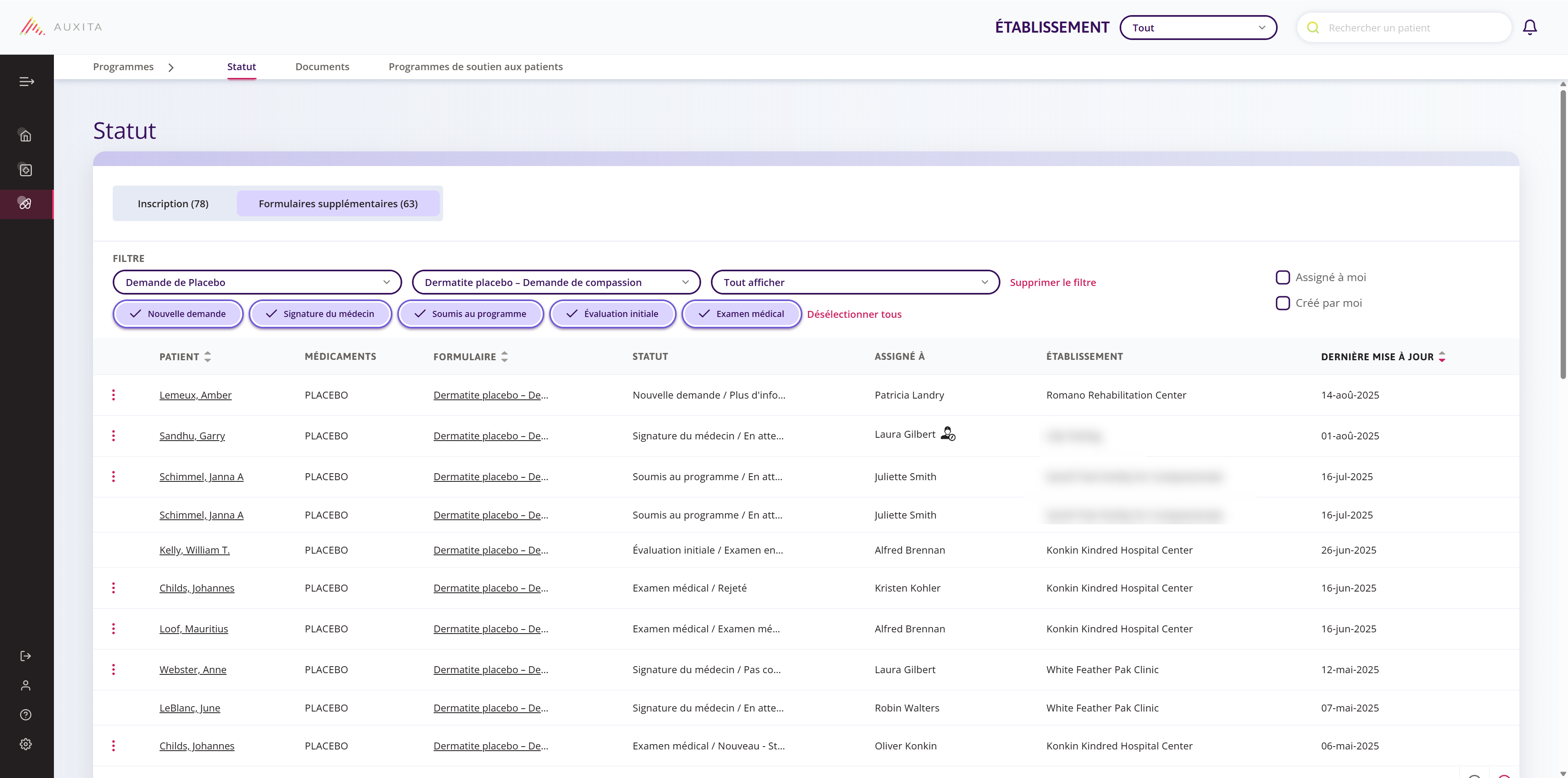 Tableau d'état avec le type de formulaire « Demande de placebo » sélectionné. Des filtres supplémentaires s'affichent en fonction des étapes disponibles pour ce formulaire.