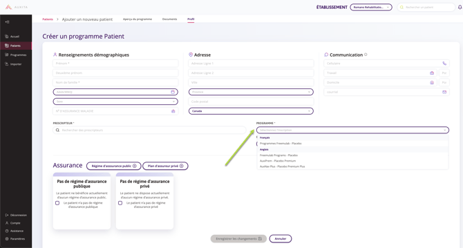 Fenêtre Créer un programme patient