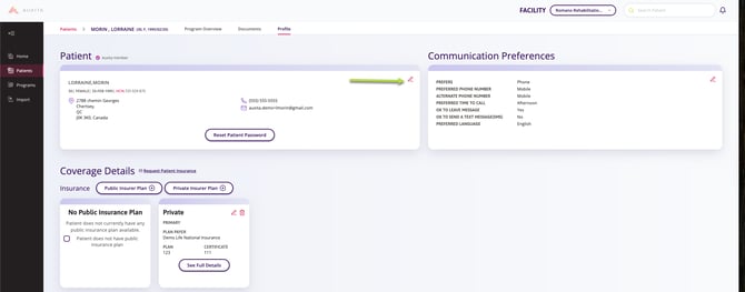 Patient profile showing patient details, communication preferences, and coverage details. Patient section lists name, program ID, contact info, and country. Communication preferences include email, phone, and language. Coverage section shows no public or private insurance plans. Arrow indicating where to click to edit the patients details.