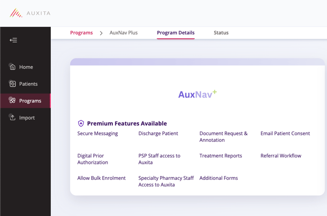 Programs section displaying the Premium Features Available in Auxita