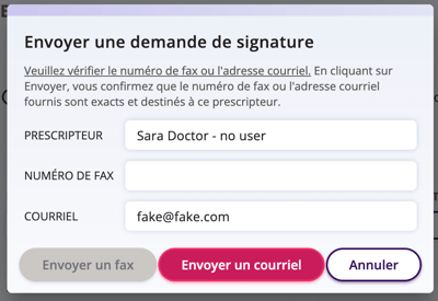 Envoyer une demande de signature » avec des champs pour le prescripteur, le numéro de fax et l'adresse e-mail. Les boutons indiquent « Envoyer un fax », « Envoyer un courriel » et « Annuler ».