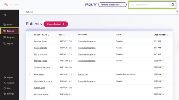 The patients section and an arrow showing where to click to find a patient from the top right corner of the navigation pane