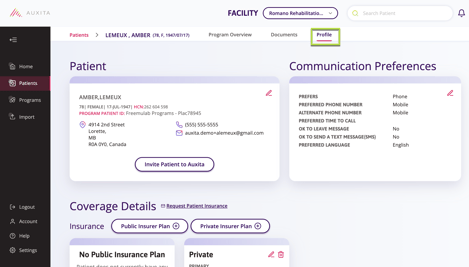 Patient profile screen with contact details and communication preferences. Includes name, address, phone, email, and insurance options.