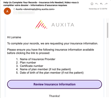 An email received when a patients insurance request is sent to their number on file