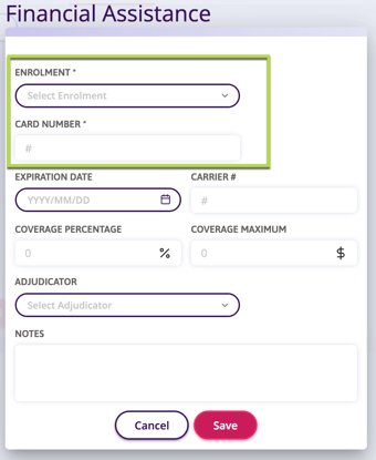 A screenshot showing what details to fill in when adding a financial assistance card 