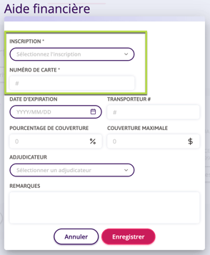 Capture d'écran montrant les informations à fournir lors de l'ajout d'une carte d'aide financière 