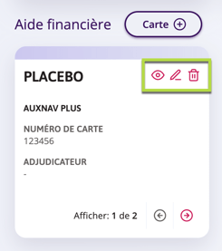 Une capture d'écran montrant où vous pouvez consulter, modifier ou supprimer une carte d'aide financière existante qui a été ajoutée.