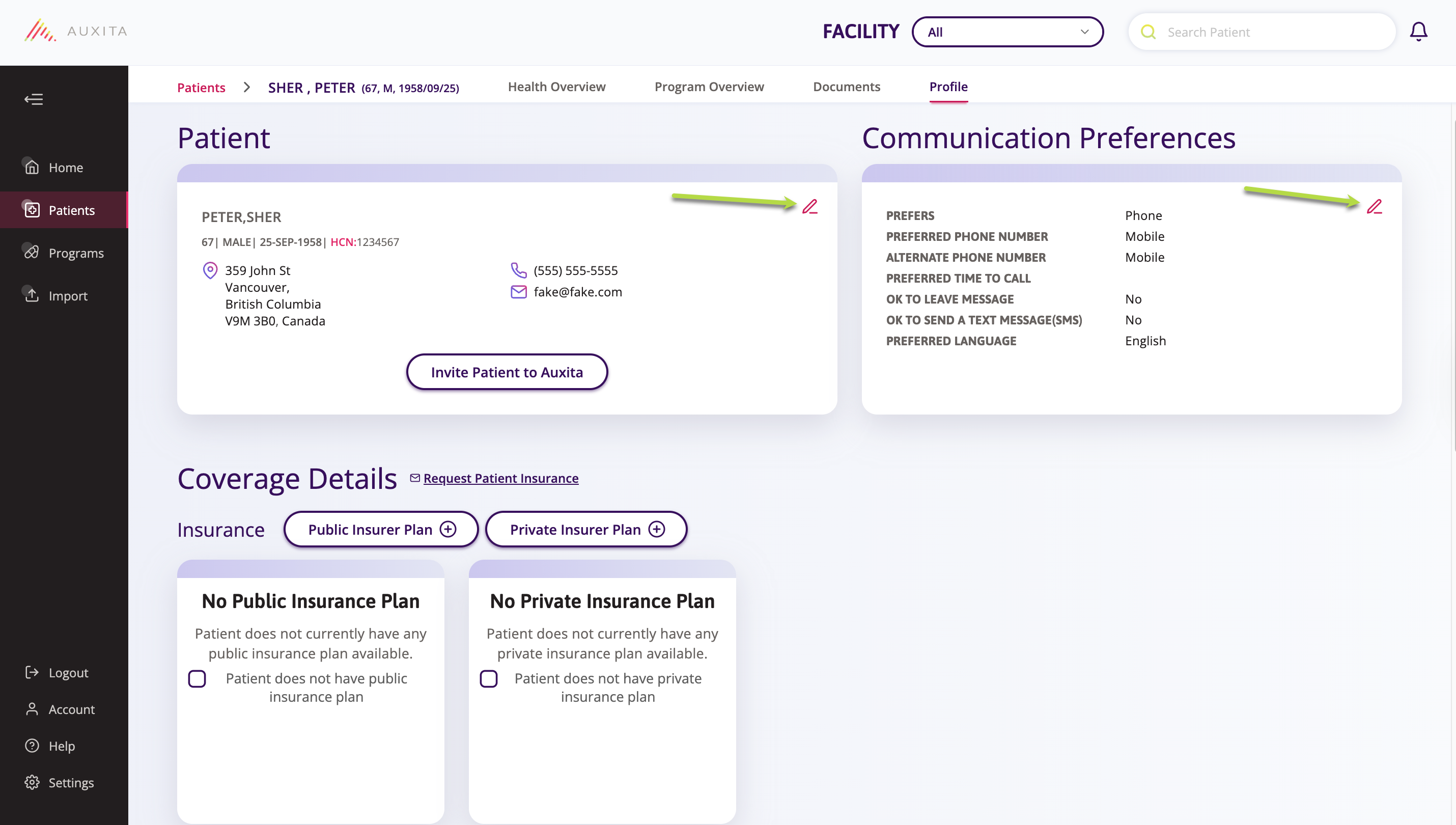 Patients profile displaying patient information with sections for contact details, communication preferences, and insurance coverage. Patient information includes name, address, and contact number. Editable fields are indicated with a pencil icon. 