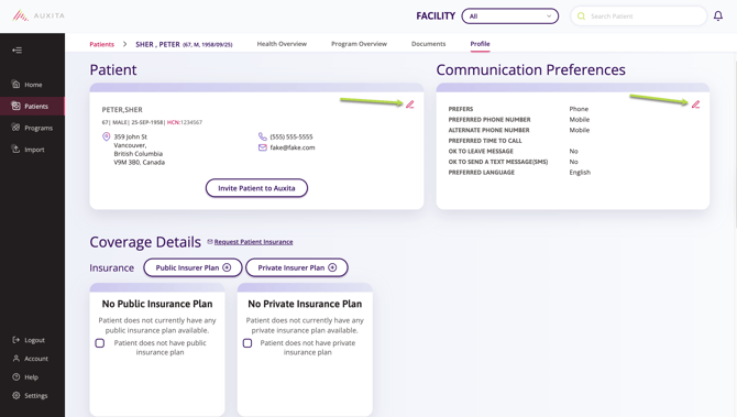 Patients profile displaying patient information with sections for contact details, communication preferences, and insurance coverage. Patient information includes name, address, and contact number. Editable fields are indicated with a pencil icon.