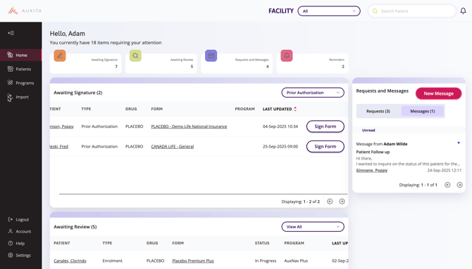 A screenshot indicating where to click in order to sign a prior authorization form from the home dashboard