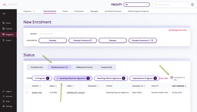 A screenshot indicating where to click in order to sign a prior authorization form from the Programs Section